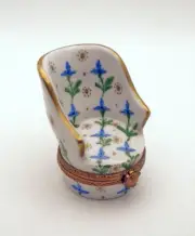 New French Limoges Trinket Box Beautiful Chair with Blue Flowers