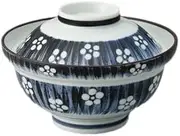 j-pure hitomi Japanese Ceramic Donburi Ramen Noodle Soup Rice Bowl with Lid, 6.2 Inches in Diameter, Plum Blossom Pattern Navy on Light Grey from Japan TR63730