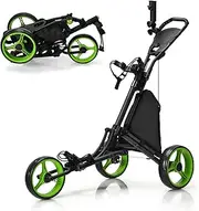 Costway 3 Wheel Golf Push Cart, Quick Folding Golf Cart, Golf Bag Holder w/Tin Foil Coated Storage Bag, Elastic Strap, Adjustable Umbrella & Cup Holder, Scoreboard Storage & Foot Brake