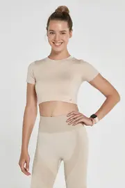 Jerf Womens Captiva Beige Seamless Crop Top with Short Sleeves