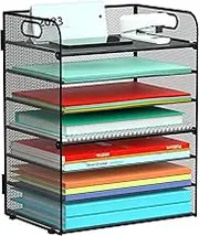 Sinboun Letter Tray Paper Organizer 7-Tier Mesh Desk File Organizer Paper Sorter Holder with Handle, Metal Desktop Document Shelf Tray for Letter/A4 Office Classroom Organization - Black