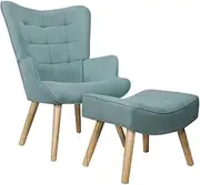 OIKITURE Modern Accent Chair with Footstool - Linen Fabric Full Body Support, Extra Large Armchair Comfy Reading Chair for Bedroom Living Room, 150KG Weight Capacity, Blue