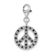 Sterling Silver Polished Black Cz Peace Sign W/ Lobster Clasp Charm