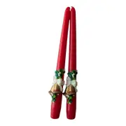 Vtg 2 Red Taper Candles w/Gold Christmas Bells Mistletoe White Bows Holiday 10"