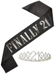 Black Sparkly Finally 21 Birthday Party Sash and Tiara