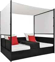 Outdoor Sun Lounge With Canopy - Garden Patio Day Bed Chaise Lounger in Black Poly Rattan, 190x130 cm