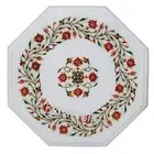 Marble Coffee Table Top Carnelian and Malachite Stone Inlay Work Sofa Side Table