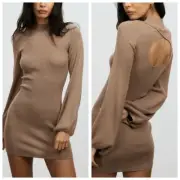 NWT BEC + Bridge Womens Lucy Knit High Neck Mini Dress Brown Size 2