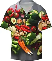 [YANYU] Healthy Food Print Hawaiian Shirts Men Short Sleeve Button Down Cuban Collar Shirt Summer Beach Days