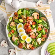 Breakfast Salad of Mushroom, Tomato, Chorizo, Bacon, Spinach, Free Range Boiled Eggs and Balsamic Vinaigrette (Breakfast) (Organic)