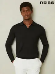 Reiss Black Maxwell Merino Wool Half-Zip Polo Shirt (E04254) | $195