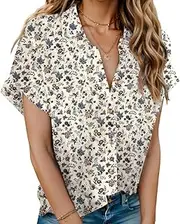 [Hotouch] Blouse Women's Casual Short Sleeve Shirt Blouse Summer V-Neck Shirt 100% Cotton Shirt Solid Blouse Shirt Elegant Tops with Pocket