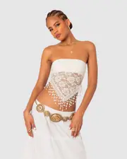 EDIKTED Womens India Sheer Lace Strapless Top CREAM