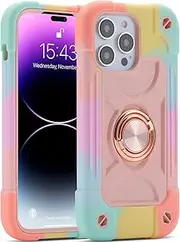 [MARKILL] Compatible with iPhone 14 Pro Max Case 6.7 Inch with Ring Stand, [Soft Silicone and Hard Plastic ] Heavy-Duty Military Grade Shockproof Phone Cover for iPhone 14 Pro Max (Rainbow Pink)
