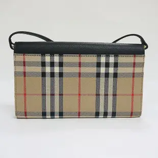 【BURBERRY 巴寶莉】BURBERRY VINTAGE經典格紋帆布牛皮12卡斜背扣式長夾(黑)