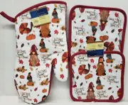 Kitchen Set of 3: 2Potholders & 1Oven Mitt,HOME SWEET GNOME,PUMPKINS & TURKEY,GR