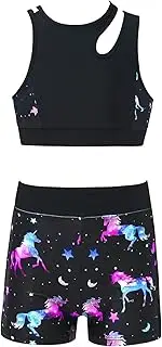 [FEESHOW] Kids Girl 2 Pcs Asymmetrical Straps Backless Crop Tank Top with Boy Shorts Set Exercise Fitness Activewear