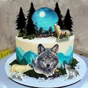 Wolf Cake Topper Full Moon Cake Decor with Animal Figurine for Baby Shower Wolf Themed Wedding Birthday Party Supplies (Gray)