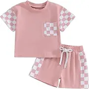 [Amnnchya] Infant Baby Girl Clothes Summer Checkerboard Short Sleeve Shirt Shorts Set Toddler Girls Spring Outfit 2pcs