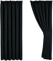 Aspire Homeware Pair of Thermal Blackout Tape Top Curtains, Interwoven Lined Sunlight Blocking Curtains + 2 Tie Backs Black 66x90