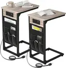 C Shaped End Table with Charging Station, TV Tray Set of 2, Couch Tables with St
