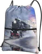 EdWal Steam Train Depart Sunset Print Drawstring Backpack Gym Bags Sports Bags With Zipper Pocket For Travel Beach, Black, One Size