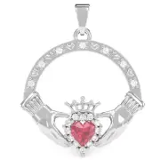 Lab-Created Pink Sapphire Diamond Claddagh Pendant In 14k Solid Gold