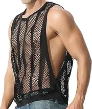 [Evankin] Mens Sexy Stripe Fishnet Tank Top See Through Mesh Sleeveless Tank Shirt Hollow Out Sheer Undershirts