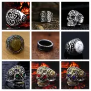 Cool Men Gift Titanium Steel Stone Rings Gabala Skull Punk Finger Biker Rings