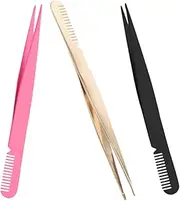 VICASKY 3pcs Stainless Steel Lash Applicator Tweezers with Comb Portable Eyelash Extension Tool for Precision Curling and Application