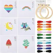 Pllieay Cross Stitch Kit for Kids 7-13, Includes 6pcs Project Cross Stitch Pattern and 2pcs Hoops, 12 Skeins Threads, Needle Point Starter Kit Sewing Set with Instructions
