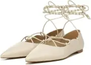 Sam Edelman Winslet Ivory Leather Lace-Up Pearl Beaded Pointed Toe Flats Shoes.