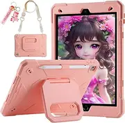 for iPad 9th/ 8th/ 7th Generation Case (iPad 10.2 inch Shockproof Case) with 360 Rotating Grip Magic Stand, Pencil Holder/Keychain/Carrying Shoulder Strap, Case for iPad 10.2 inch (Pink)