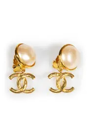 Gold Faux Pearl CC Clip On Earrings