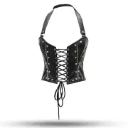 Premium Black Leather Overbust Corset Adjustable Shoulder Strap Gothic Steampunk