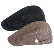 2 Pack Newsboy Hats for Men Classic Herringbone Tweed Wool Black/Light Brown