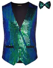 Mens Sequin Vest Slim Fit Shiny Dress Waistcoat Bowtie Set for X-Large Green