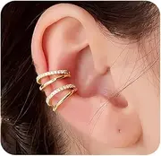[The Budsea] Gold Ear Cuff Earrings for Women Hypoallergenic 14K Gold Plated Cubic Zirconia Sparkling Round Huggie Ear Cuff Non Piercing Clip On Cartilage, Yellow Gold