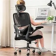 TONFARY Ergonomic Home Office Chair, High Back Mesh Desk Chair with Adjustable Lumbar Support, Flip-up Armrest, Removable Headrest, Swivel Computer Gaming Chair, Space Saving, 150KG (Black)
