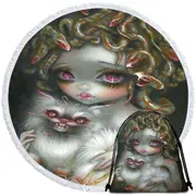 Scary Fantasy Art Medusa Girl and Her Cat Round Beach Towel