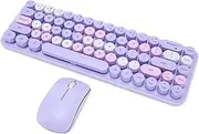 Keyboard Mouse Combo 68 Round Keycaps Cute Retro 3DPI 2.4GHz Wireless Keyboard Set for Gaming (Purple Theme)
