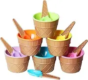 TRIXES Set of 6 Ice Cream Dessert Bowls and Matching Spoons – Plastic - Assorted Cute Colours – Wafer Design
