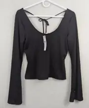 TopShop sz 8 Crop Top black long sleeves stretchy ties at back of neck 1133