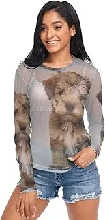 [RPLIFE] Small Terrier Puppy Light Gray Transparent Shirts for Women, Party Shirts for Women Elegant S-XXL