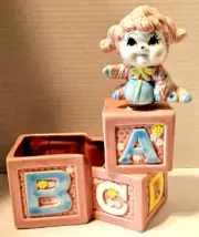 Vintage ABC Block Pink Lamb Ceramic Nursery Planter & Music Box 1986 T8285