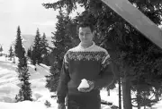 Rock Hudson playing with a snow ball in the mountains 1957 OLD PHOTO