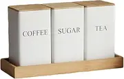 Coffee Tea Sugar Container Set of 3, Bamboo Lid Coffee Storage Can, Coffee Tea Sugar Container, Simple Square Kitchen Canister Set for Tea, Snacks, and Coffee Beans (White)