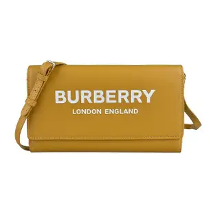 【BURBERRY 巴寶莉】BURBERRY Hazelmere白字LOGO滑面牛皮12卡翻蓋釦式斜背長夾(芥末黃)