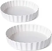 DELLING Set of 2 Tart Pans, 9.5 inch Quiche Pan, Ceramic Fluted Quiche Baking Dish/Pie Pan, Perfect for Baking Tart Pies and Chicken Pot Pie, Cheesecake, Creme Brulee, Round, White