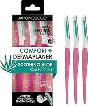 JAPONESQUE Dermaplaner with Soothing Aloe Comfort Strip - Skin Tool with Ultra Precision Blade for Facial Hair Removal and Exfoliation, 3pk.
